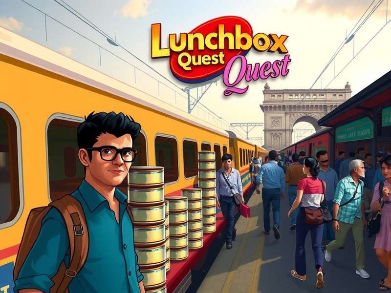 Gameplay screenshot of Lunchbox Quest showing Vikram Patil navigating Mumbai's local train platform with tiffin stacks, featuring authentic Mumbai landmarks and crowd dynamics