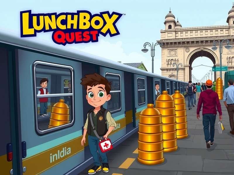 Lunchbox Quest Game Cover featuring protagonist Vikram Patil with Mumbai's iconic local train and Gateway of India in the background